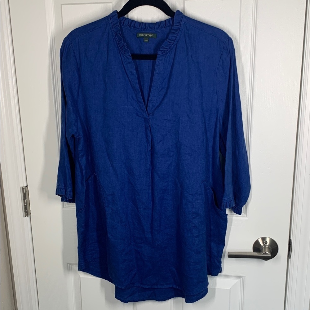 For Cynthia blue linen tunic top with pockets size large